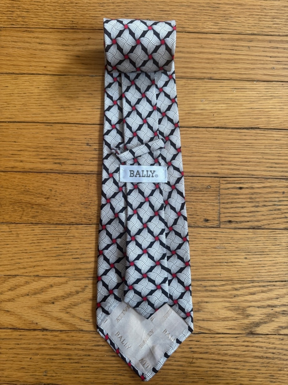 Bally Geometric Silk Tie in Black, White & Red Dot Accents